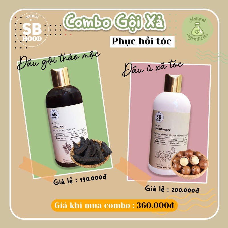 Bộ dầu gội + Ủ xả ⚡HÀNG LOẠI 1⚡ dầu bồ kết thảo mộc tinh dầu hoa anh thảo, hạt macca 350ml