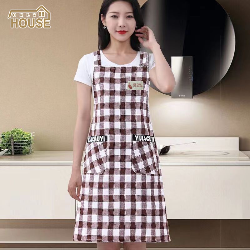 ONLY HOUSE Tạp Dề Bằng cotton Lanh Chống Bẩn In Caro Dễ Thương Cho Nữ