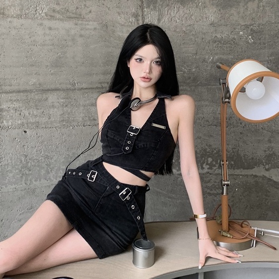 Bộ Áo Denim Ngắn Dáng Ôm Co Giãn + Chân Váy Denim Lưng Cao Phong Cách Hàn Quốc Thời Trang Mùa Hè Mới Cho Nữ