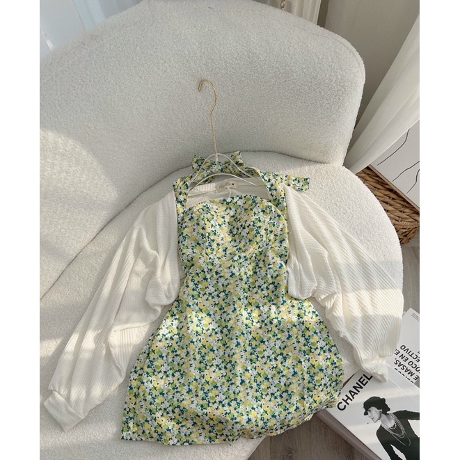 Đầm yếm hoa xanh + khoác - Chitchitstore
