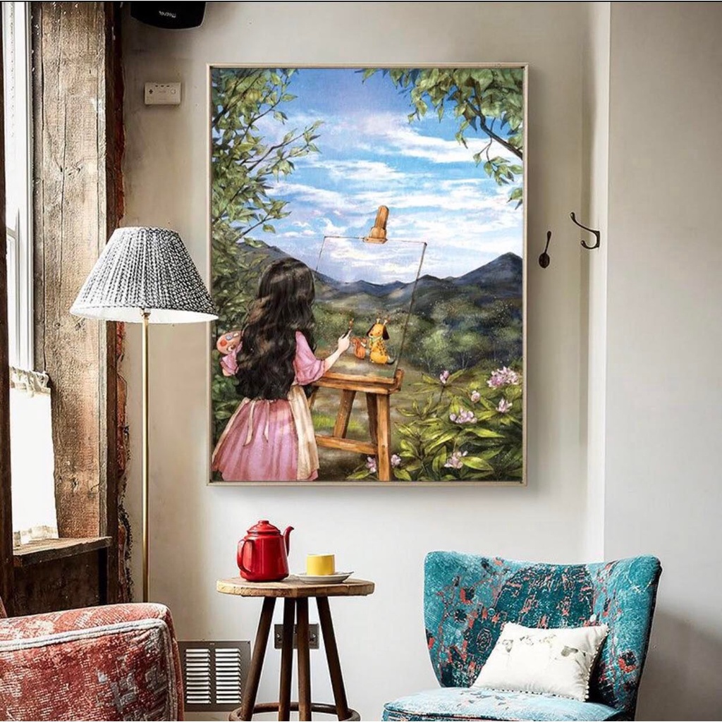 Tranh thêu Cô Gái Bé Nhỏ- Hoạt Hình- Kích thước: 53x72cm( tranh chưa thêu)