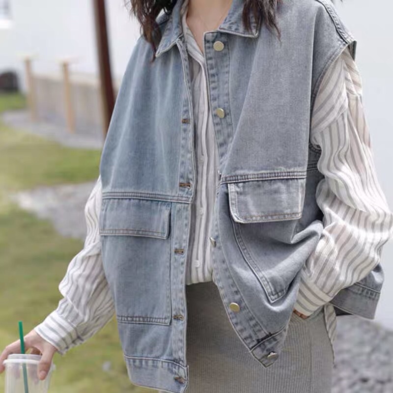 [Sẵn] AB2_Áo gile bò, áo jean unisex dáng rộng phong cách ulzzang hàn quốc