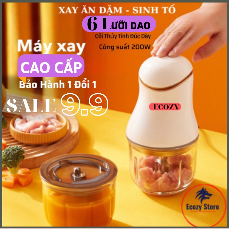 Máy xay mini đa năng ECOZY 6 Lưỡi Máy xay cầm tay xay ăn dặm cho bé thịt sinh tố cối thủy tinh 0.3L