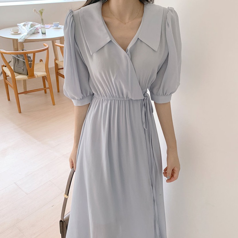 Đầm maxi tay phồng cổ chữ V trơn màu xinh xắn dành cho nữ 35177