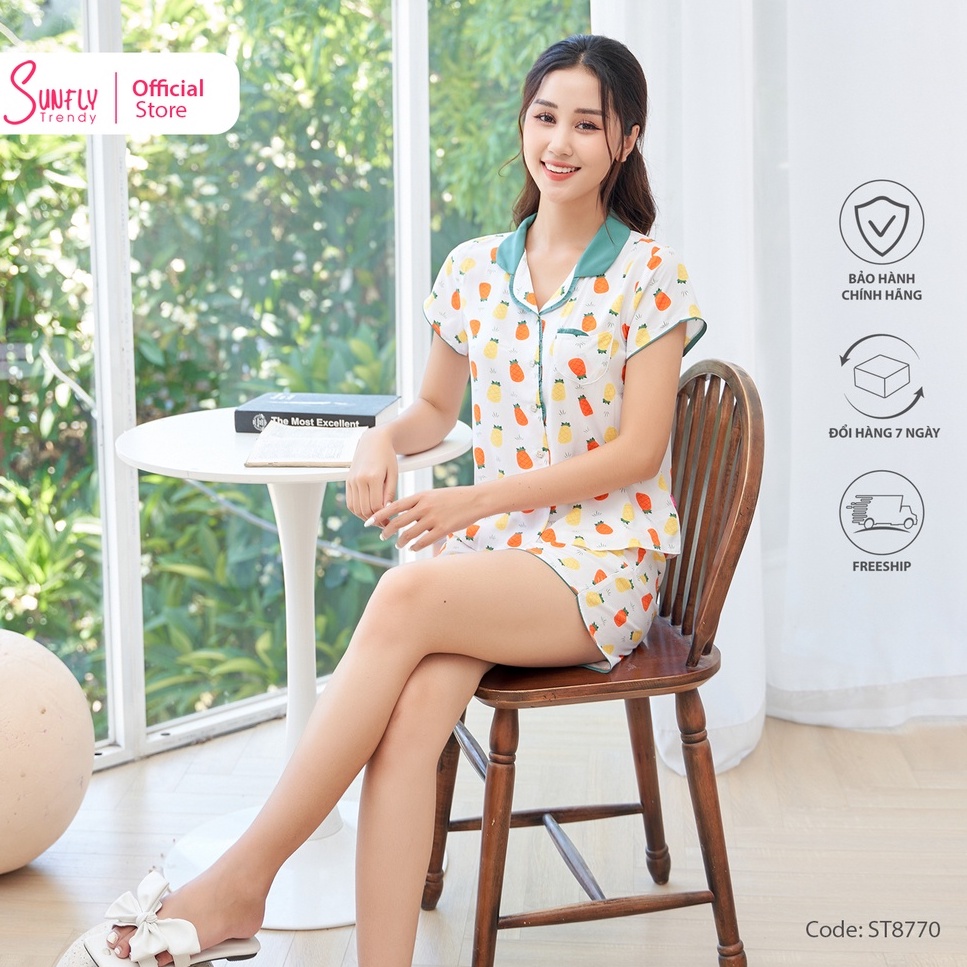 Bộ mặc nhà nữ pijamas lanh SUNFLY áo cộc, quần sooc ST8770