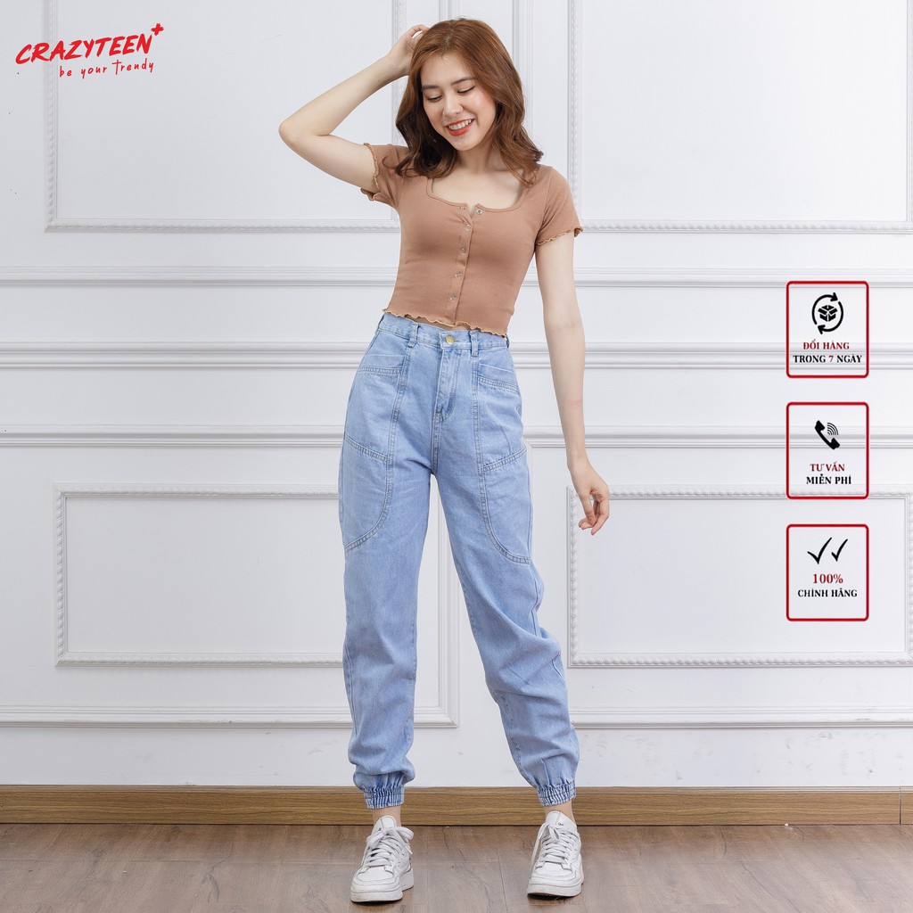 Quần jean nữ CRAZYTEEN dáng jogger ống bo chun phối đường may độc đáo K0064