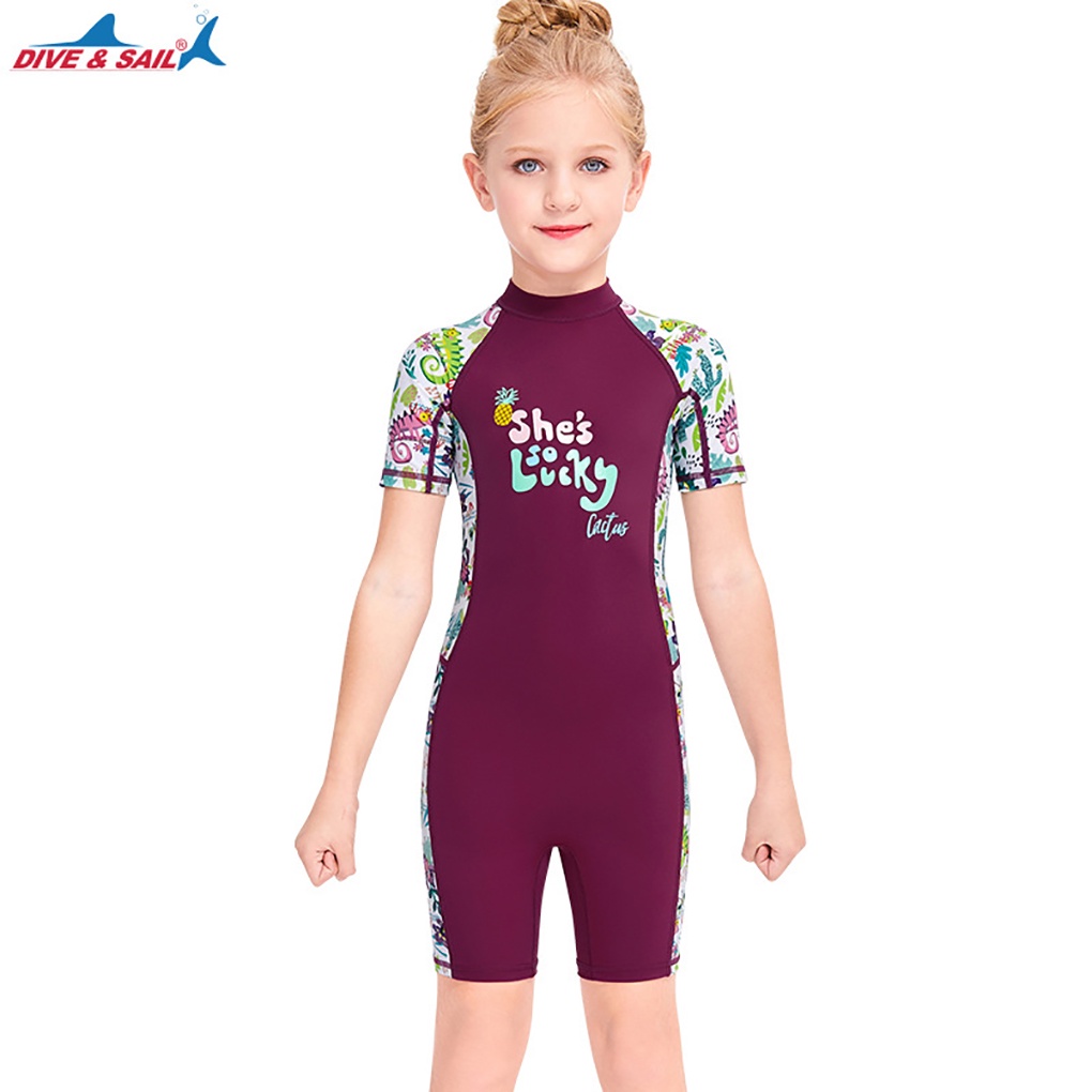 [GLOBAL] DIVE SAIL Wet Suit Girls Quick Dry Shorty Swimsuit Kids Short Sleeve Round Neck Full Body Wetsuit for Surfing