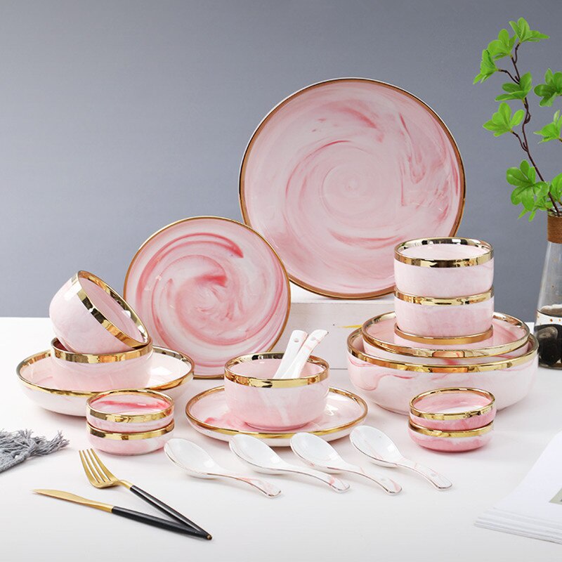 Bộ chén bát sứ vân đá cẩm thạch hồng viền vàng cao cấp