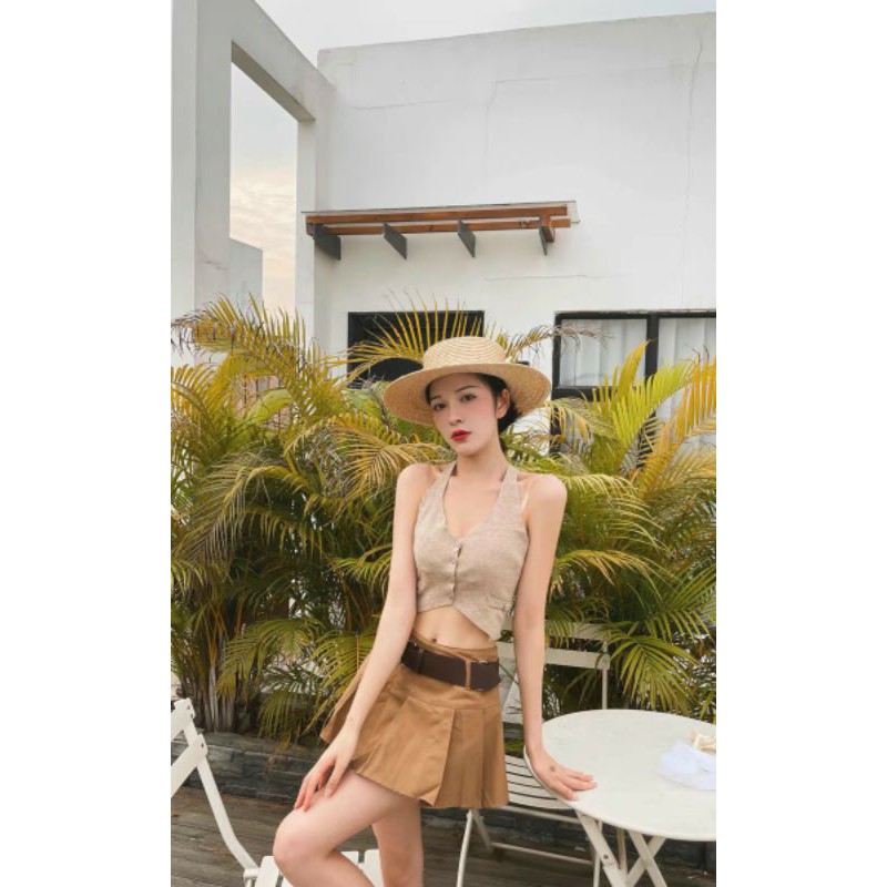 [ORDER TAOBAO] SET ÁO CROPTOP 2 DÂY, CHÂN VÁY NGẮN XẾP LY VINTAGE NÂU BE KAKI KÈM THẮT LƯNG (ẢNH THẬT LÊ BỐNG MẶC Ở CUỐI