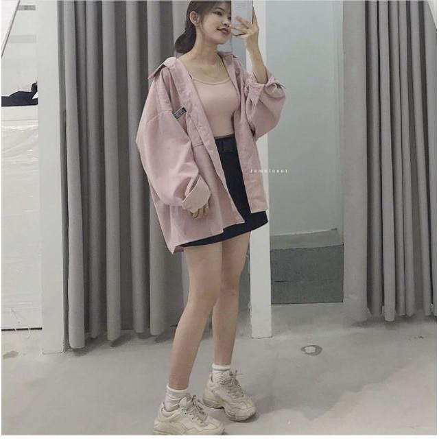 -Hàng nhập khẩu SET ÁO SƠ MI NHUNG GÂN KÈM ÁO 2 DÂY MÀU NGỌT LỊM CÓ THỂ TÁCH RỜI MIX THỎAI MÁI - PINK SET Liên hệ mua hà