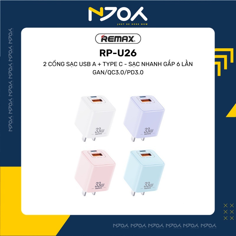 Củ Sạc Nhanh Remax Rp-u26 Siêu Nhỏ Gọn Sạc Nhanh Cổng Kép Gan Pd 33w + Qc 3.0 Cho Ip Samsung Xiaomi Huawei Oppo Njoyshop
