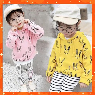 Bộ quần áo dài cotton da cá bé gái thỏ quần kẻ