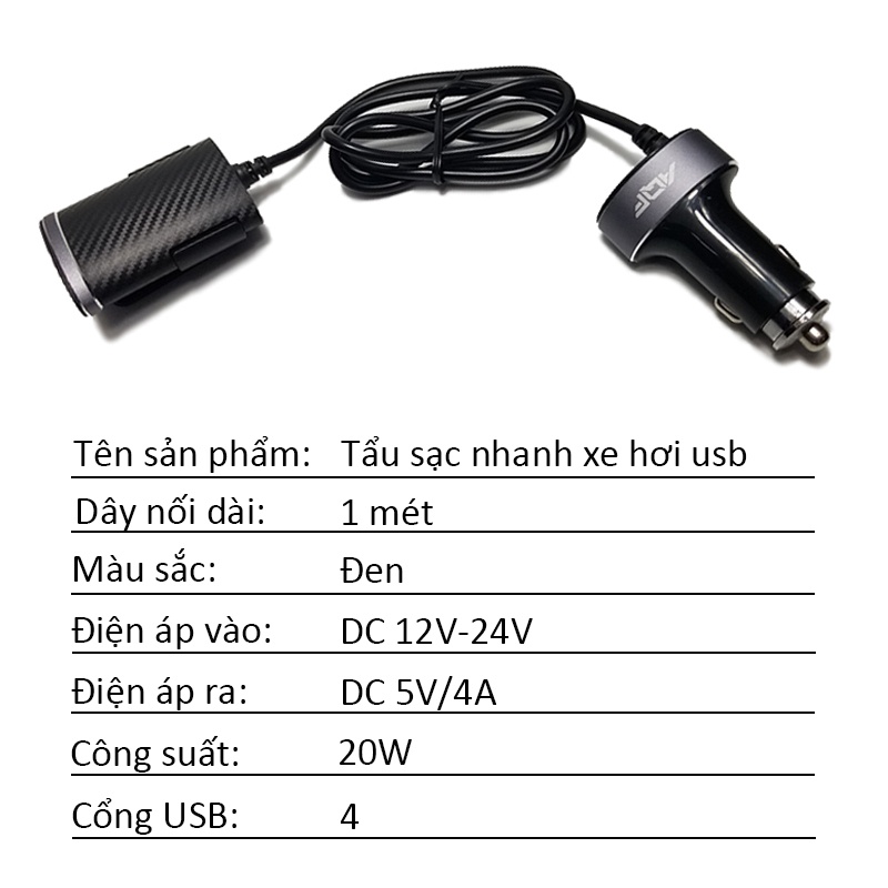 Tẩu sạc 4 cổng USB kéo dài 1m, dock sạc nhanh 20W 2 USB phía trước + 2 USB nối dài trên xe ô tô, xe hơi, điện áp 12-24V