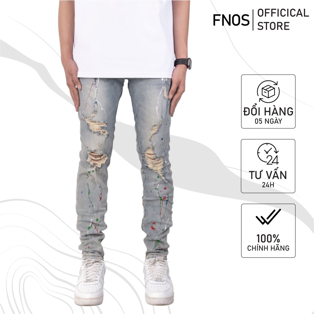 Quần Skinny Jeans Nam FNOS Streetwear Màu Xanh Vẩy Sơn Có Zip Z20 - Local Brand Chính Hãng