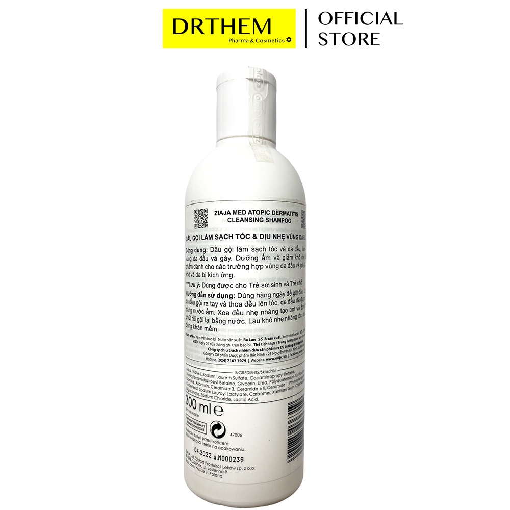 Dầu gội đầu Ziaja Med Atopic Dermatitis Cleansing Shampoo 300ml, Atopy Sạch tóc và Dịu Nhẹ Vùng Da Đầu Gáy