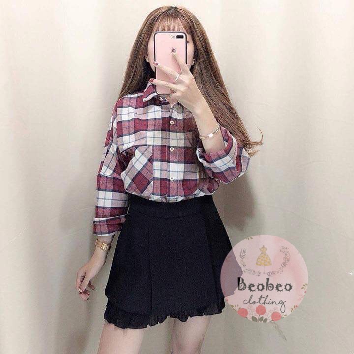 Áo sơ mi oversize sọc caro hồng có túi ulzzang