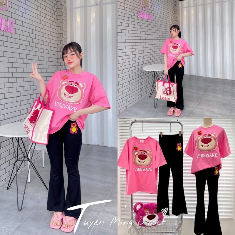 Set gấu thêu dâu đính ghim quần ống rộng xinh xắn