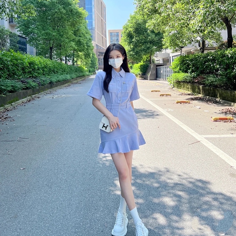 Đầm denim IELGY cổ bẻ ôm eo phong cách Pháp xinh xắn cho nữ