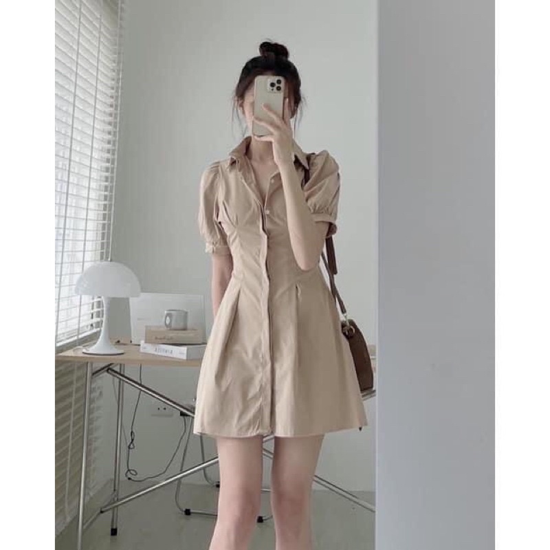 [Ảnh thật/Video]Váy kaki hai da nẹp khuy chiết eo tay bồng KIỂU MỚI thiết kế xếp li tôn dáng Đầm dáng ngắn Hàn Quốc