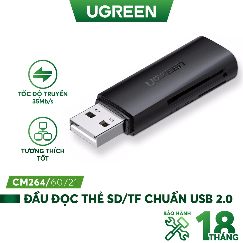 Đầu đọc thẻ SD/TF chuẩn USB 2.0 UGREEN CM264 60721 - Hàng phân phối chính hãng - Bảo hành 18 tháng