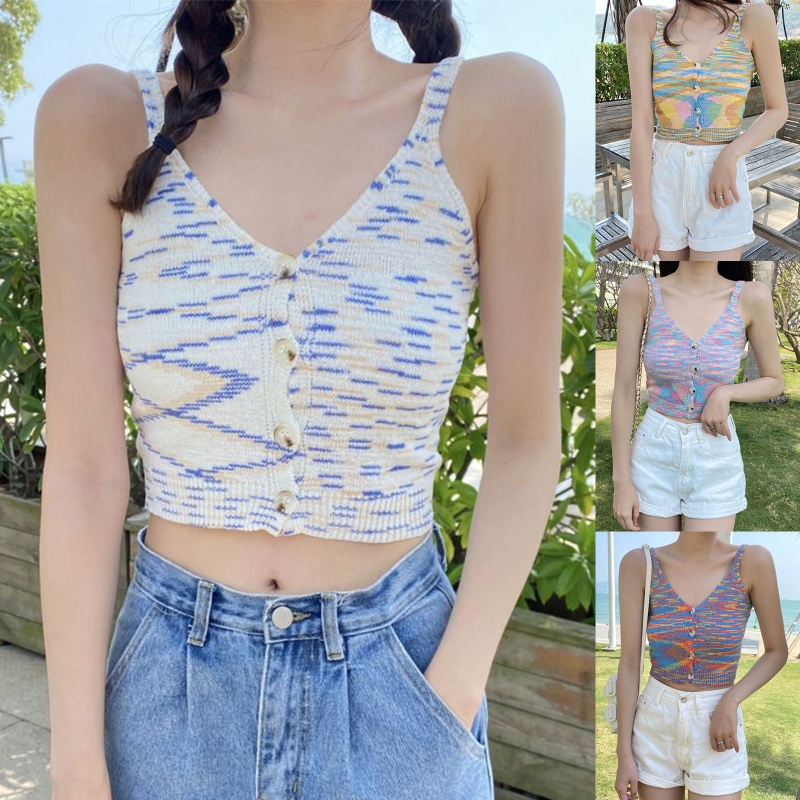 Áo Croptop Dệt Kim Cổ Chữ V Phối Nút Họa Tiết Kẻ Sọc Nhiều Màu Thời Trang Quyến Rũ Cho Nữ