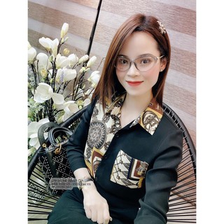 Đồ Công Sở -  Sét bộ áo lụa sơ mi đen họa tiết sang chảnh kết hợp với chân váy đen