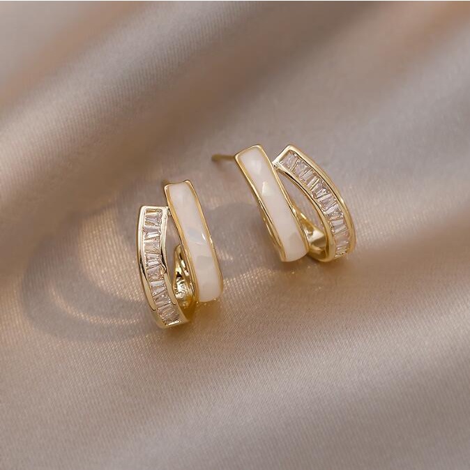 Bông Tai Mạ Bạc Hai Lớp Đính Đá Zircon Đơn Giản Phong Cách Hàn Quốc