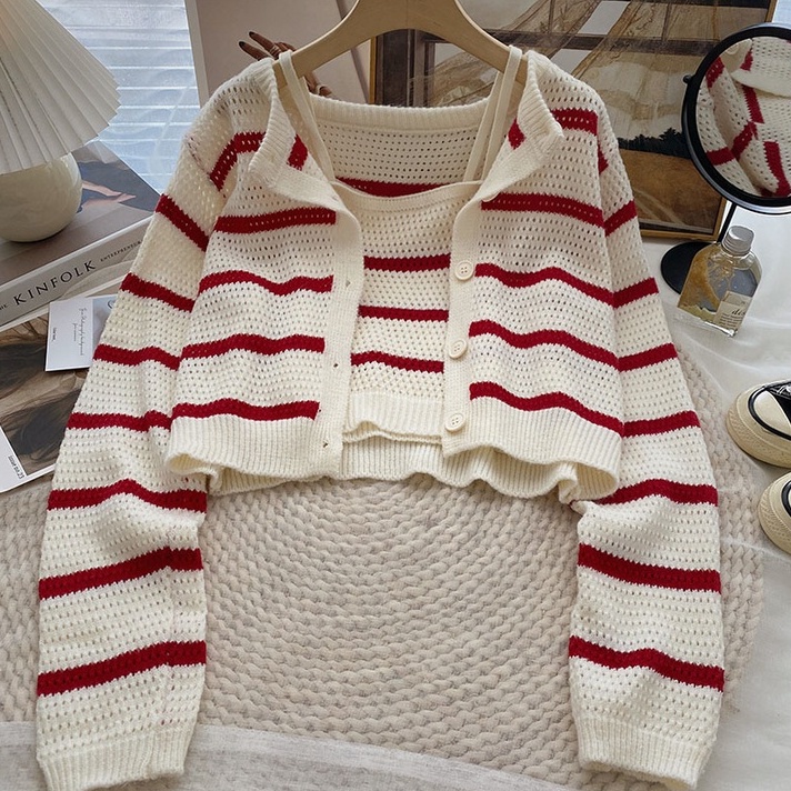 NUZIRO Set đồ  gồm áo hai dây và áo khoác cardigan tay dài dệt kim họa tiết kẻ sọc phong cách Hàn Quốc thời trang cho nữ