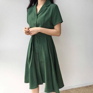 Đầm Nữ Sơ Mi Xanh Rêu Thắt Eo (KÈM ẢNH THẬT)