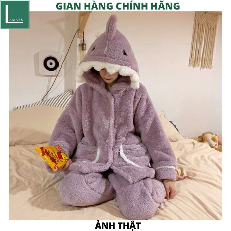 Bộ ngủ lông KHỦNG LONG TÍM, bộ mặc nhà, pijama, quần áo ngủ dài tay thu đông xuân, lông cừu dễ thương, ấm áp - LAMASS