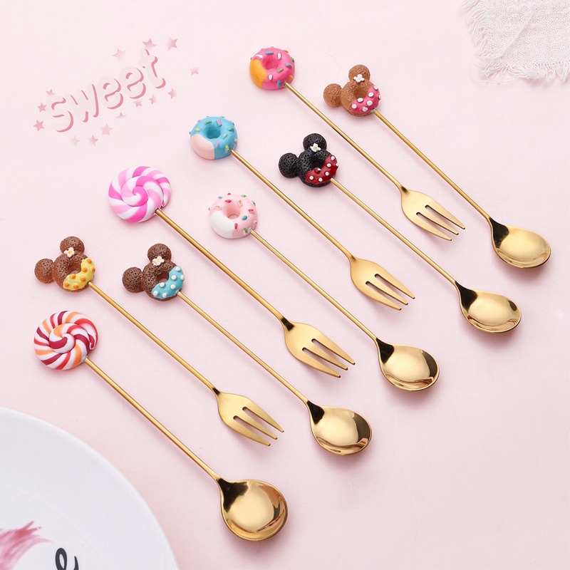 MUỖNG NĨA TRÁNG MIỆNG CÓ HÌNH TRANG TRÍ DỄ THƯƠNG