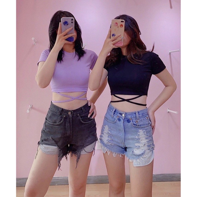 [Rẻ Vô Địch] Áo Thun Kiểu Croptop Chéo Dây Chéo Bụng Form 45kg