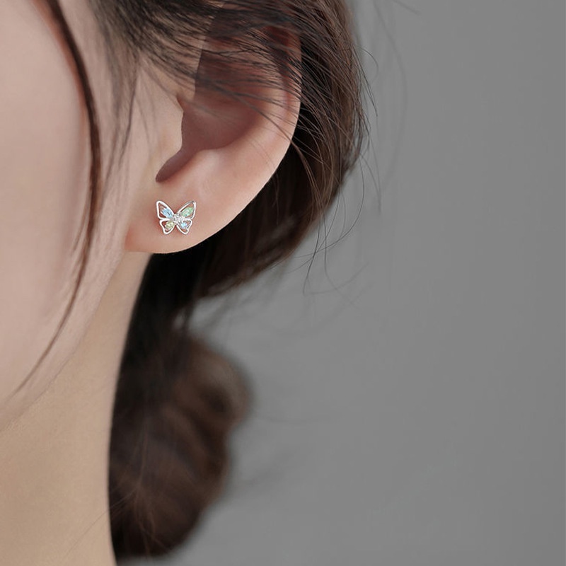 Bông Tai Mạ Bạc 925 Hình Bướm Đính Đá Zircon Nhiều Màu Sắc Phong Cách Hàn Quốc Cho Nữ