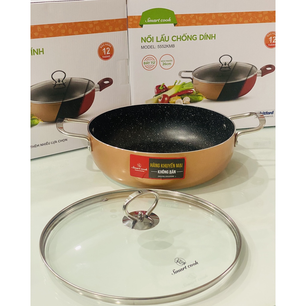 Nồi lẩu nhôm chống dính vân đá đáy từ cao cấp 26cm Smartcook 5552KMB phủ chống dính 2 lớp