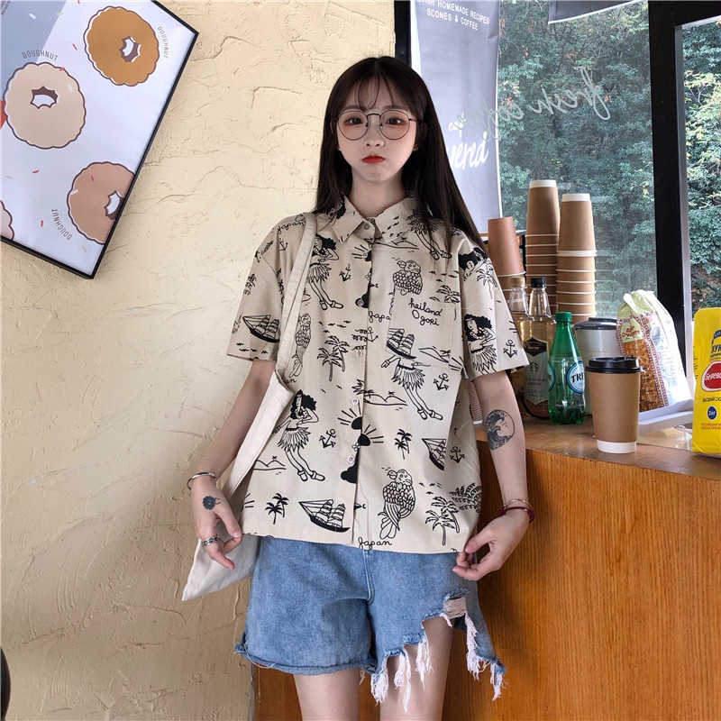 Áo Sơ Mi Tay Ngắn Dáng Rộng Họa Tiết In Theo Phong Cách Retro