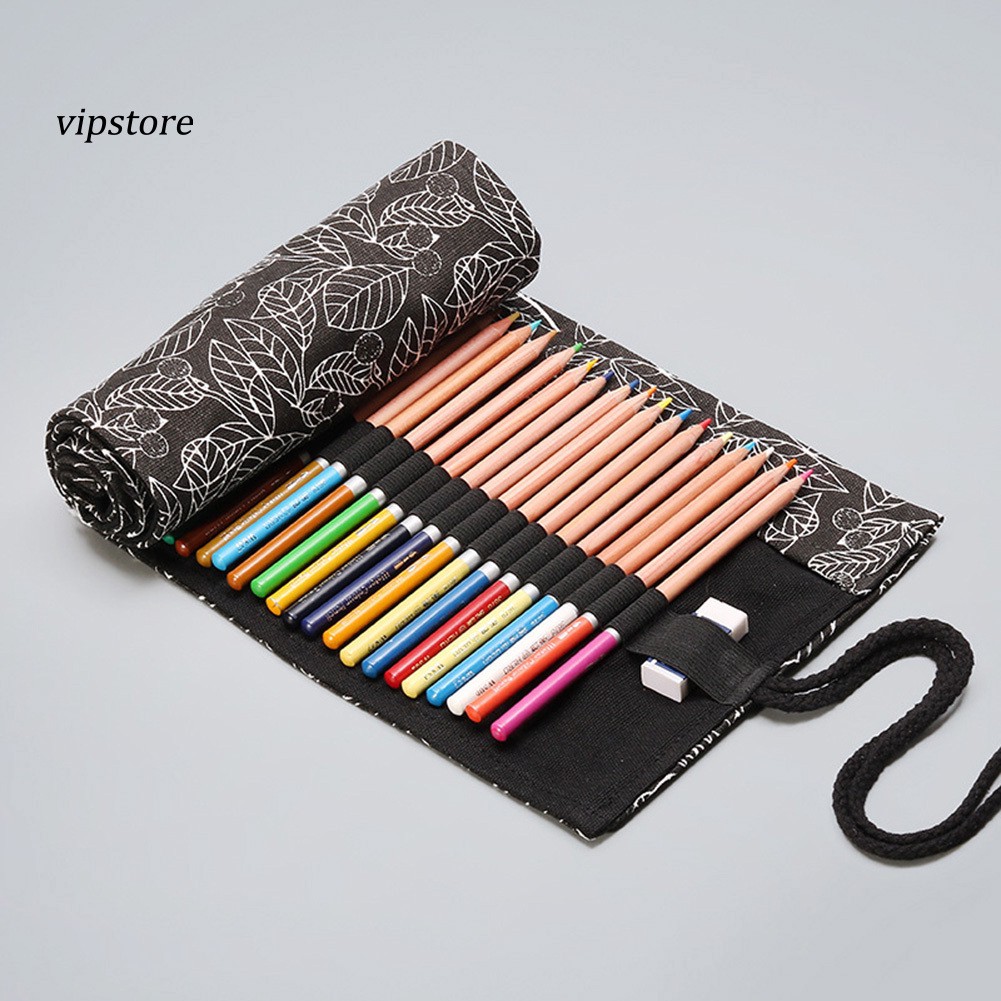 Túi đựng bút bằng vải canvas dạng cuộn in họa tiết lá cây xinh xắn