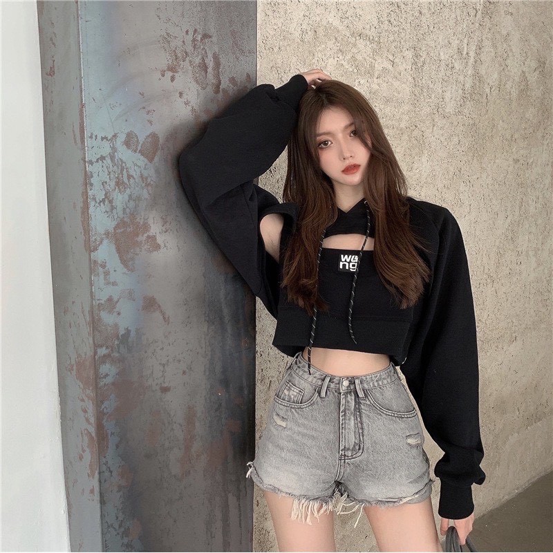 [Mã WASTUP24 giảm 10K đơn 50K] Set Áo Thun Sweater Croptop Dài Tay Cutout + Áo 3 Lỗ Wang 2 Màu Đen Trắng Siêu Chất Sét02