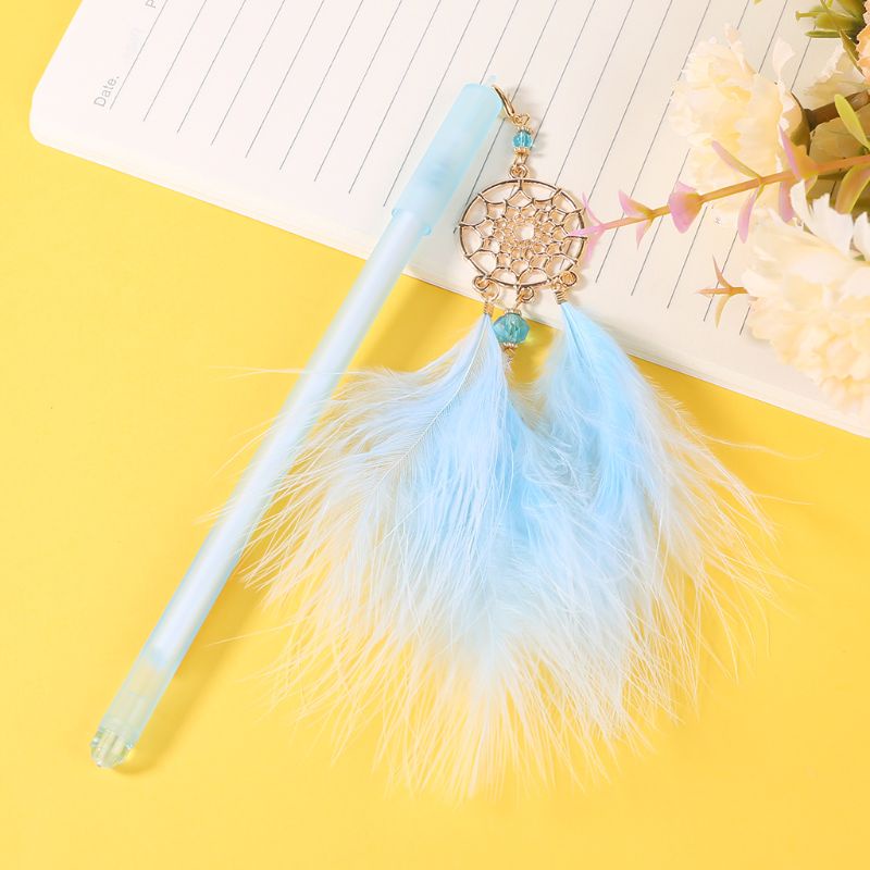 Bút Mực Gel Hình Dreamcatcher Đính Lông Vũ Pha Lê Trung Tính Cho Bé