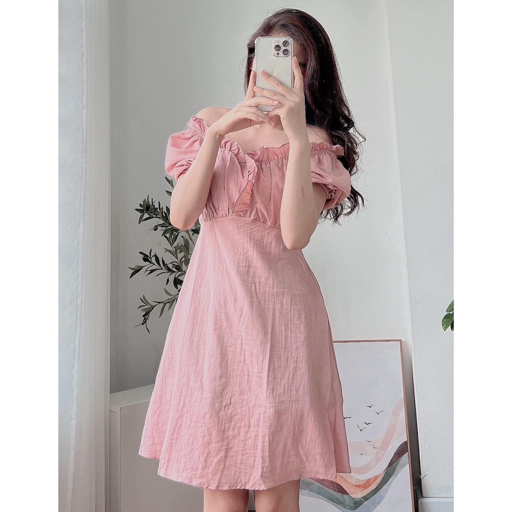 Váy Trễ Vai Chun Lưng Dáng Chữ A Tay Bồng Nhẹ Nhàng, Xinh Xắn, Labibi