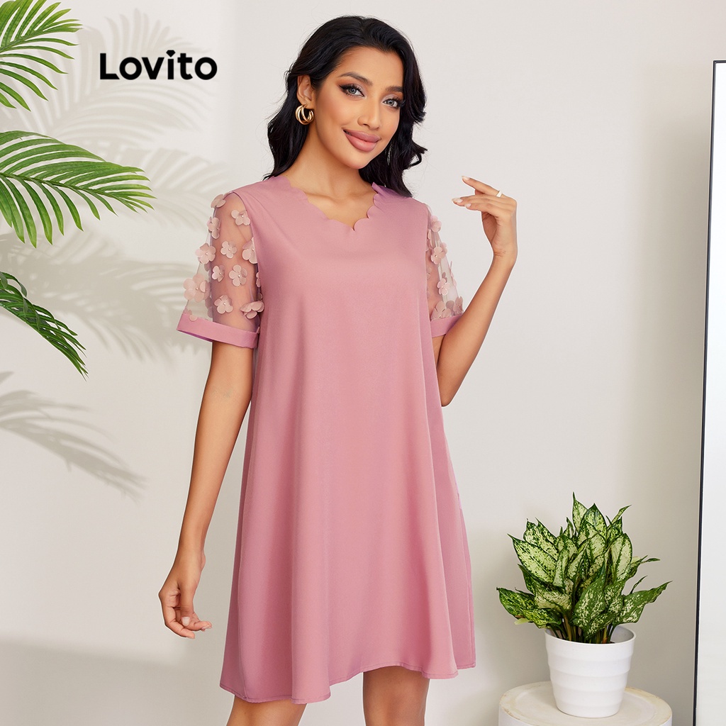 Đầm Lovito màu trơn lưới đính phụ kiện viền vỏ sò phong cách lãng mạn L27LD152 (màu hồng)