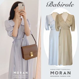 (ORDER) Váy MORAN cổ bẻ vắt chéo tà thắt eo đơn giản nhẹ nhàng style Hàn Quốc thanh lịch
