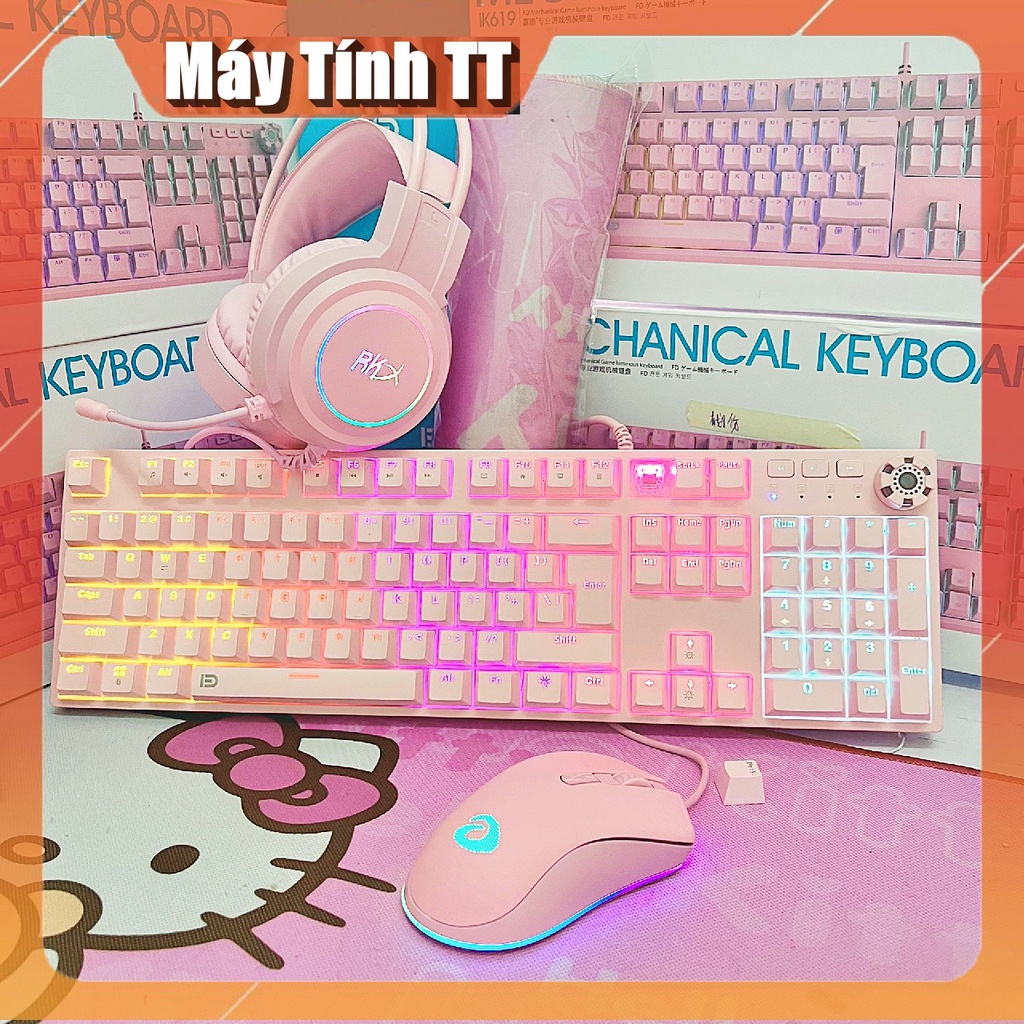 COMBO bàn phím cơ kèm chuột và tai nghe chụp tai MÀU HỒNG gaming LED RGB - TẶNG KÈM BÀN DI CỰC CHẤT  FD619+908+RKX