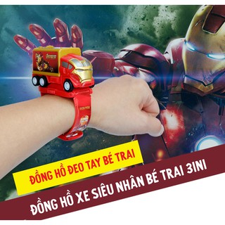 (CÓ ĐÈN CHIẾU) (HCM) Đồng hồ đeo tay bé trai xe ô tô siêu nhân 3in1 chiếu hình kiêm đồng hồ và xe đồ chơi phong cách