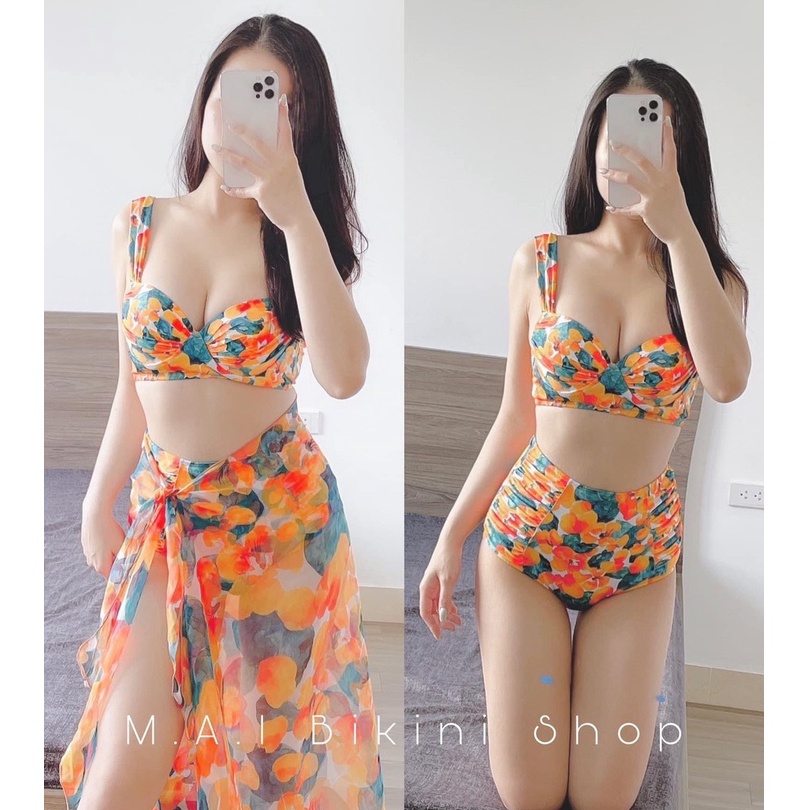 BIKINI 2 MẢNH KÈM KHĂN HỌA TIẾT HOA CAM HOT