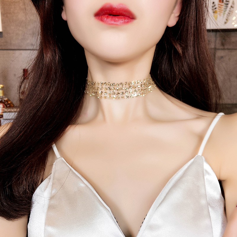 Thời trang vàng sequined bạc Colar Choker Necklace