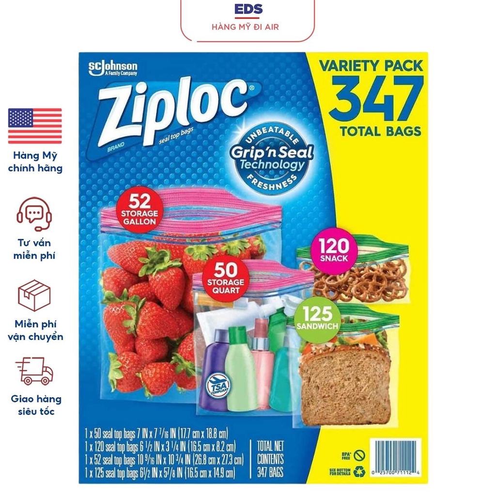Túi zip 2 lớp khóa kéo thông minh Ziploc Mỹ  túi đủ kích cỡ chất liệu nhựa BPA free - EDS Hàng Mỹ