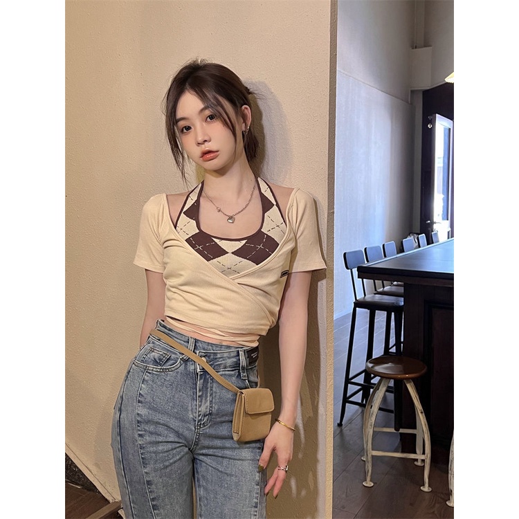 COZOK Set Áo Thun Tay Ngắn + Áo Hai Dây Đan Chéo Thời Trang Dành Cho Nữ