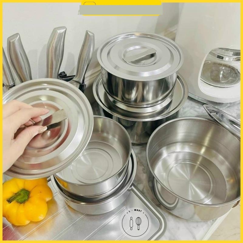 Bộ 5 Nồi Inox Không Quai Sáng Bóng Kèm Nắp Đủ Size 16-18-20-22-24 cm - dùng được trên bếp từ