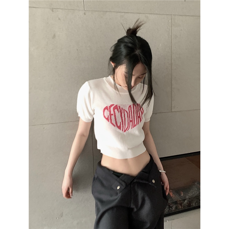 Áo Thun Dệt Kim Dáng Ôm In Chữ Phong Cách Hàn Quốc Thời Trang