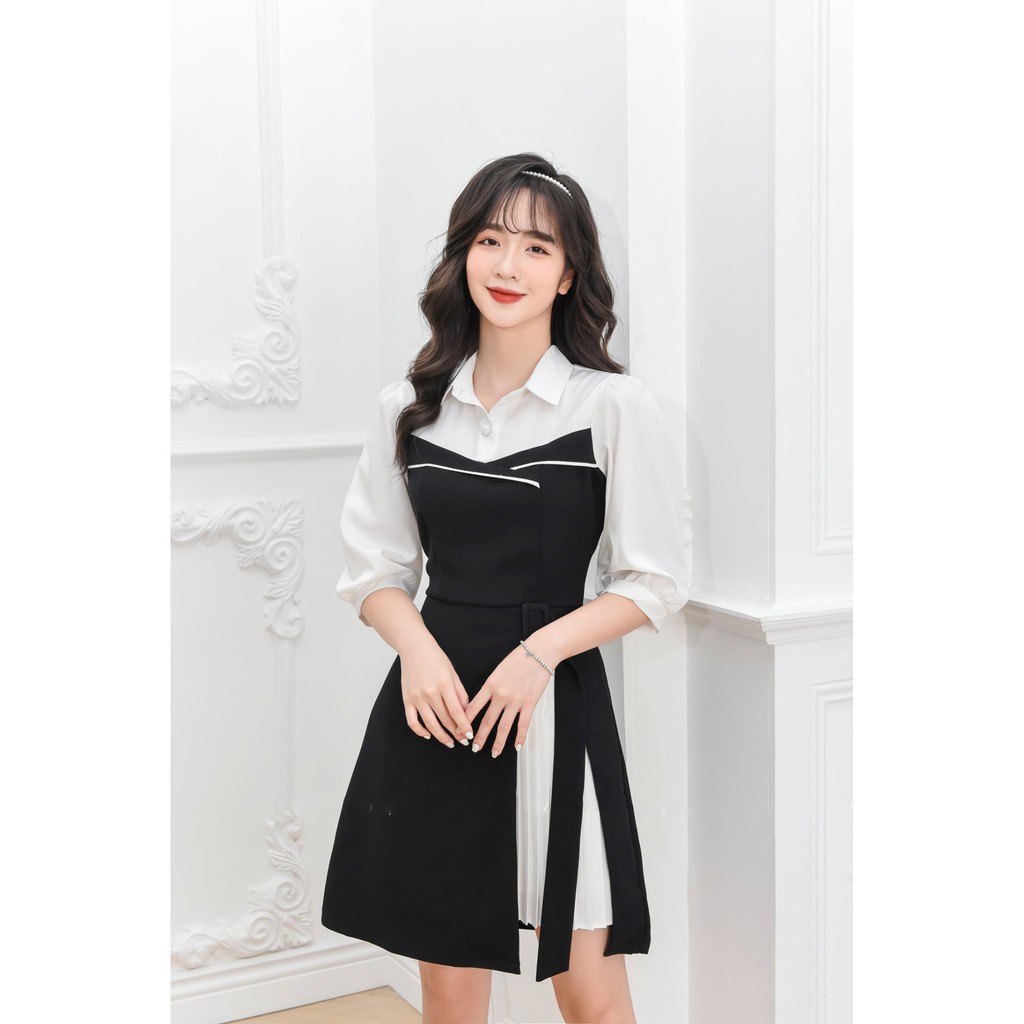 Đầm Công Sở Dáng Xòe Tay Phồng Cổ Sơ Mi Tùng Dập Ly Đai Eo May Liền Xinh Xắn